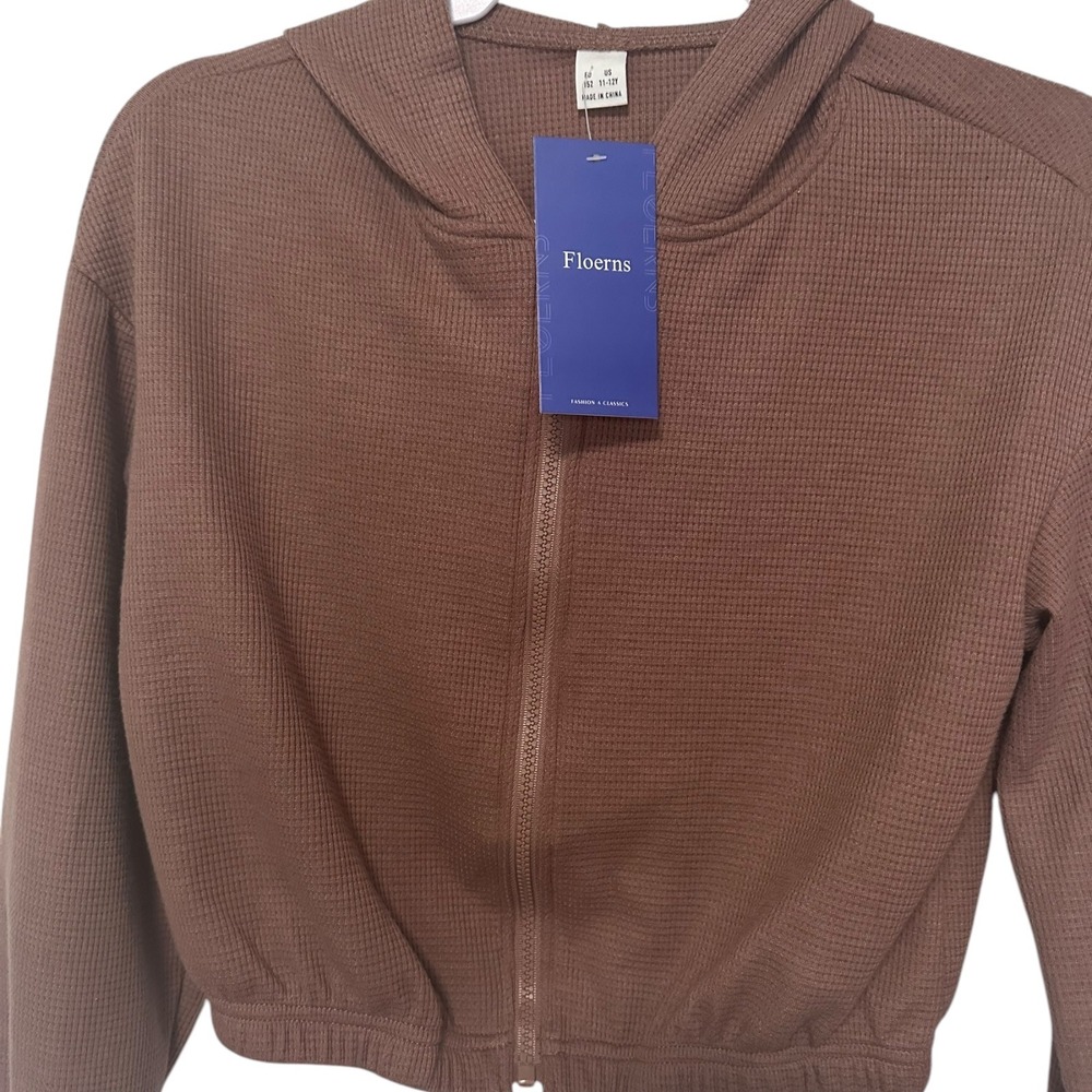 Floerns Full Zip Hoodie Cropped Waffle Knit Casual‎ Activewear Brown Size 11-12Y